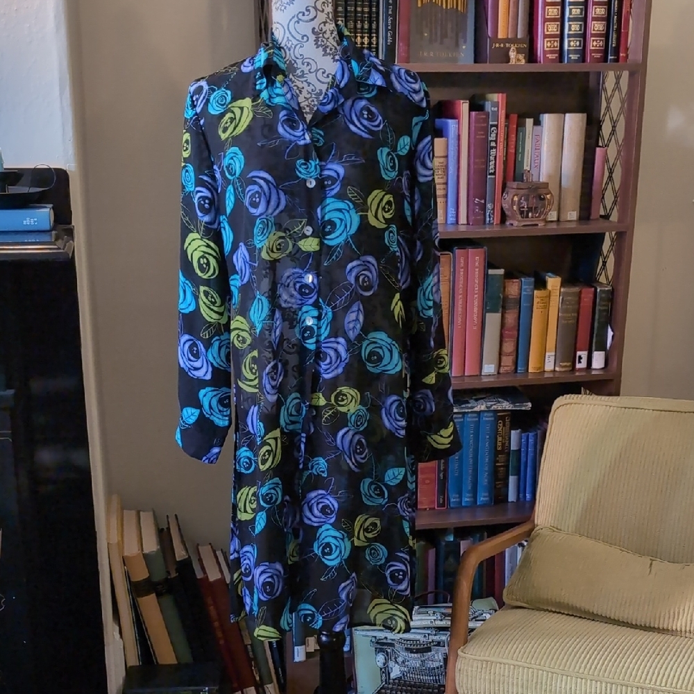 Bold Floral Sheer Button-down Dress / Cover-up L